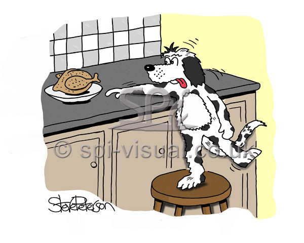 Dog trying to steal chicken in kitchen cartoon illustration