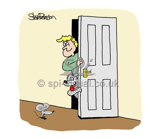 Man & dog & mouse welcome you at door cartoon illustration