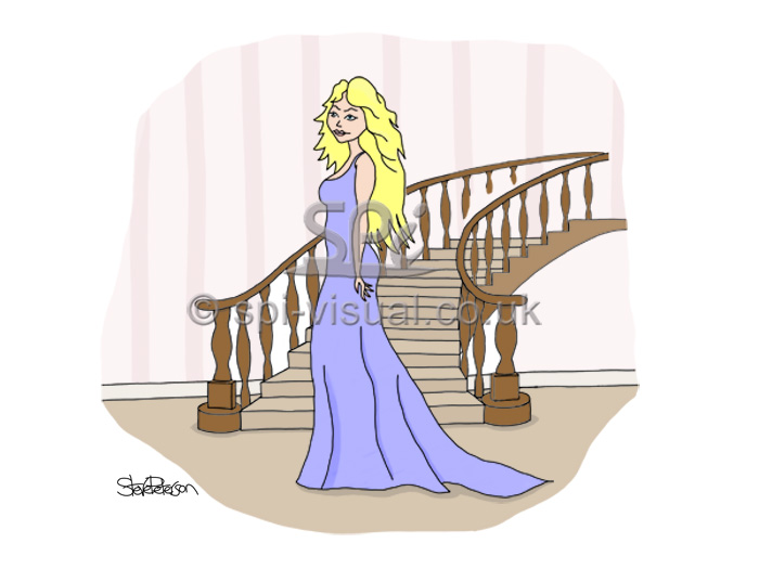 Pretty princess in front of sweeping staircase cartoon illustration